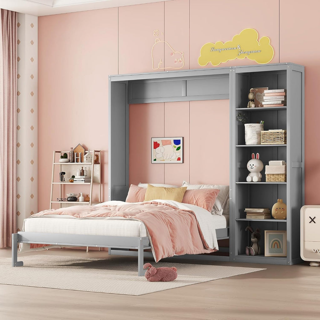 Full Murphy Bed with Storage Bookcase Shelves,Wood Folding Grey Murphy Wall Bed Cabinet