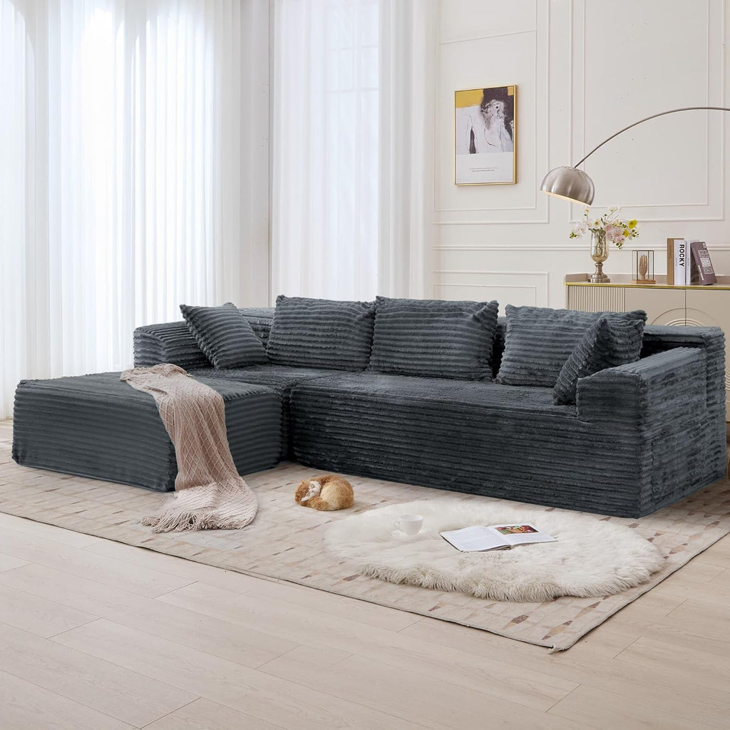 110" L-Shaped Modular Sectional Sofa with Chaise, Boneless Comfy Corduroy Fluffy Couch with Deep Seat and Side Pockets