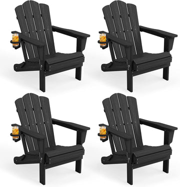 Folding Adirondack Chair, All-Weather HDPE Material, Black, 8 Pack | Wooden Textured Lawn Chair Patio Chairs for
