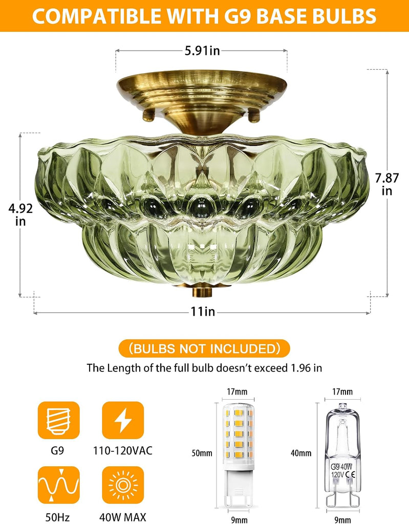 11" Semi-Flush Mount Ceiling Light,3-Bulb Green Glass Hallway Light Fixture | Indoor Lighting,Gold Close to Ceiling