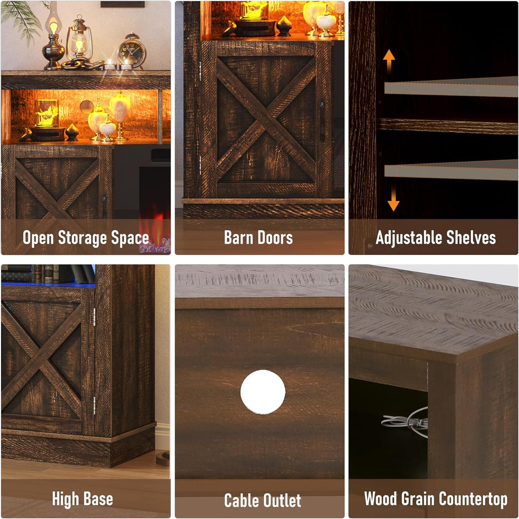 Farmhouse TV Stand with 36 Inch Fireplace for TVs up to 80 Inches, 70 Inch Fireplace Entertainment Center with Barn Doors and LED Lights, Brown