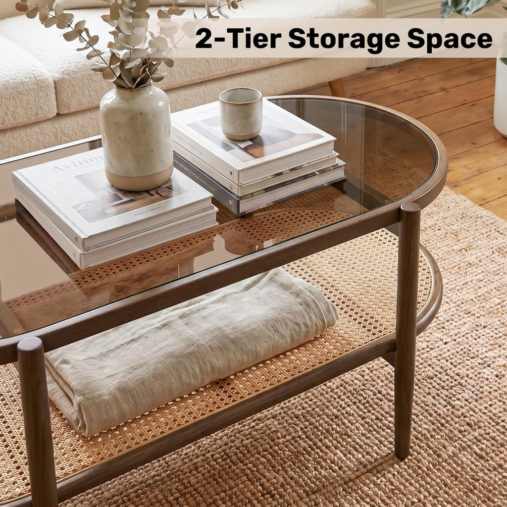 Boho Oval Coffee Table with Storage Shelf, 2-Tier Tempered Glass