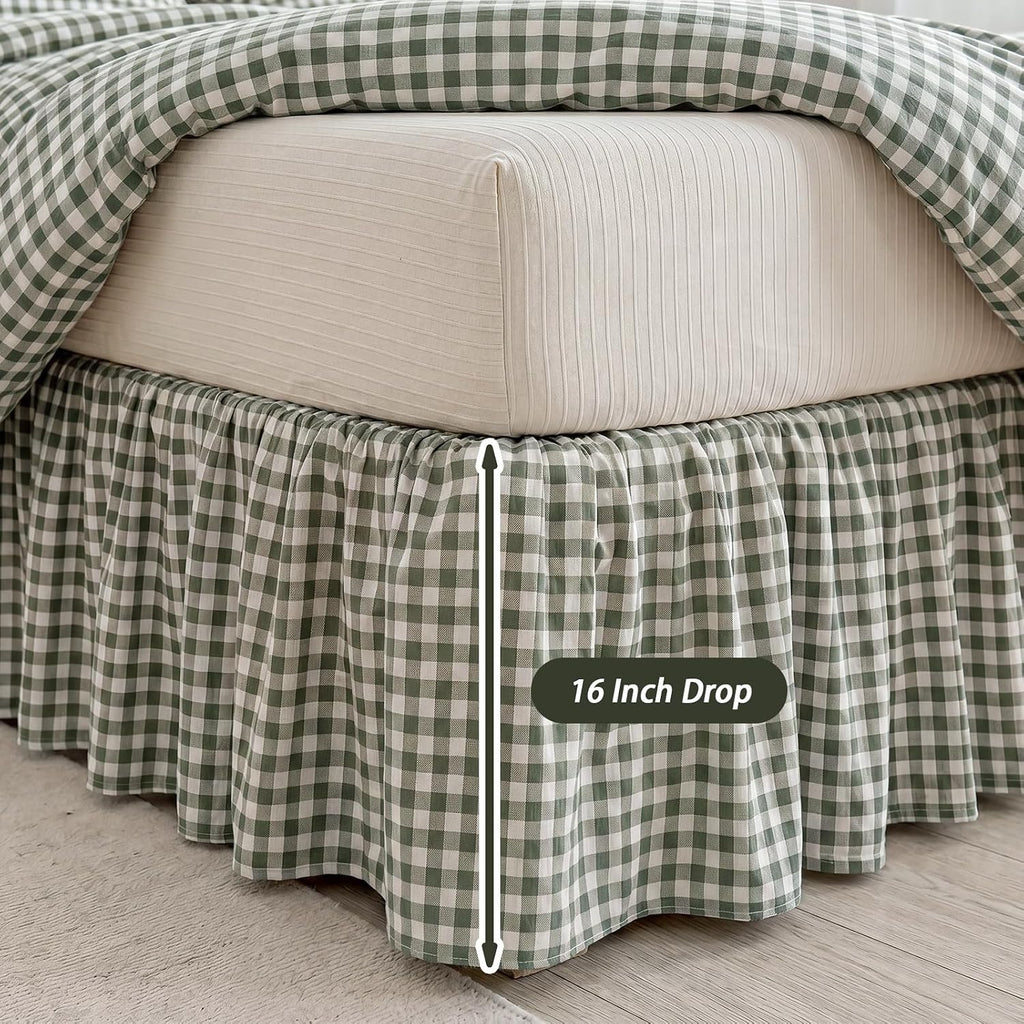 Sage Green Gingham Bed Skirt Queen Size 16" Drop Vintage Plaid Bed Skirt Farmhouse Cottage Pleated Frame Cover Cotton