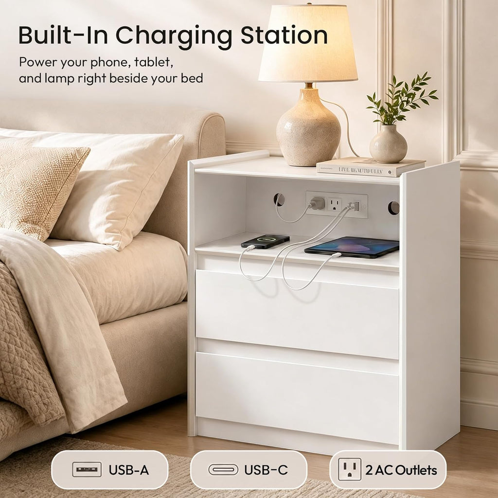 24" Tall Nightstand with Charging Station Including USB-C, Modern Bedside Table and Sofa End Table - White, 2