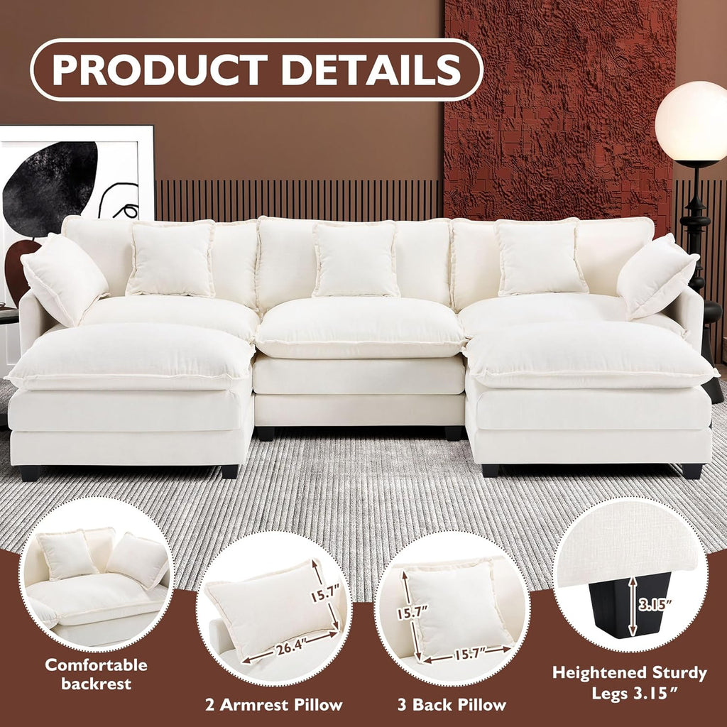 111.4" U Shaped Cloud Couch Modern Modular Sectional Sofa with 2 Ottoman, 5-Seat Chenille Deep Seat Sofa with 5