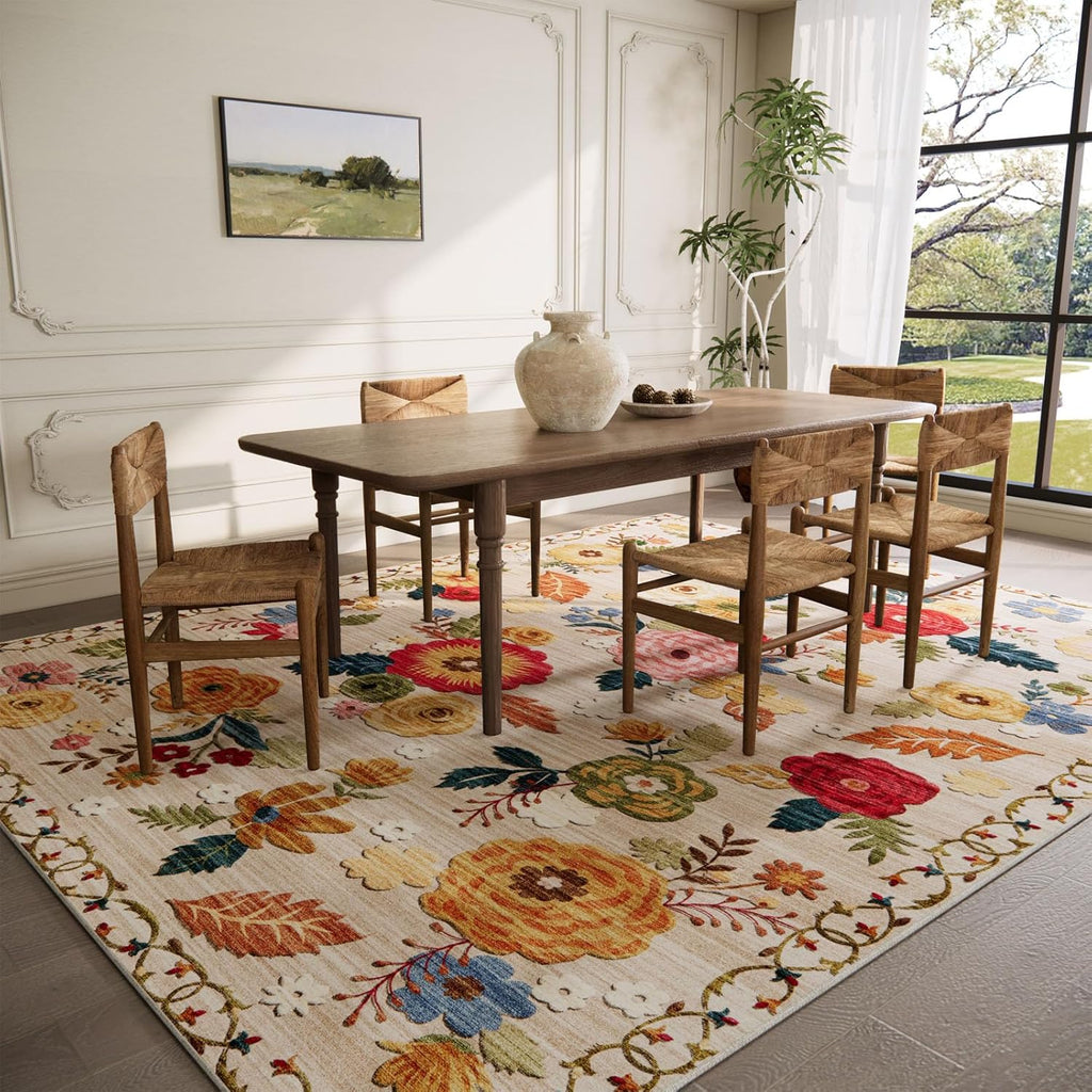Area Rugs for Living Room: Washable Rug Non Slip Low Pile Soft Faux Wool Non Shedding Distressed Vintage Floral