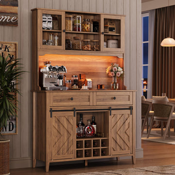 72" Farmhosue Bar Cabinet with Sliding Barn Door, Large Kitchen Buffet with Hutch Wine with Charging Station, 2