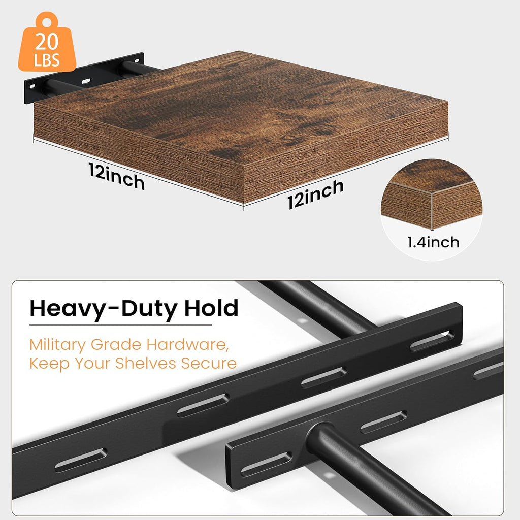 Floating Shelves for Wall, 12 Inch Set of 3 Rustic Wood Wall Shelves with Invisible Brackets, Heavy Duty Storage