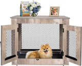 Wooden Dog Crate Furniture - Wire Mesh Door Decorative Dog Kennel End Table for Puppies, Cats, Rabbits