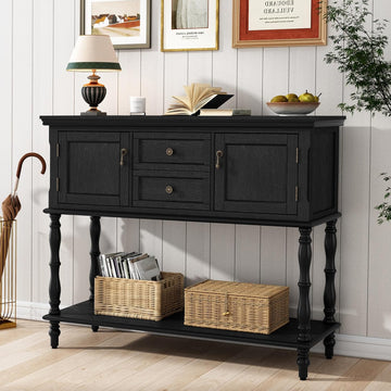 Console Table with 2 Drawers, Retro Entryway Table with 2 Door Cabinets and Open Storage Shelf, Narrow Long Behind