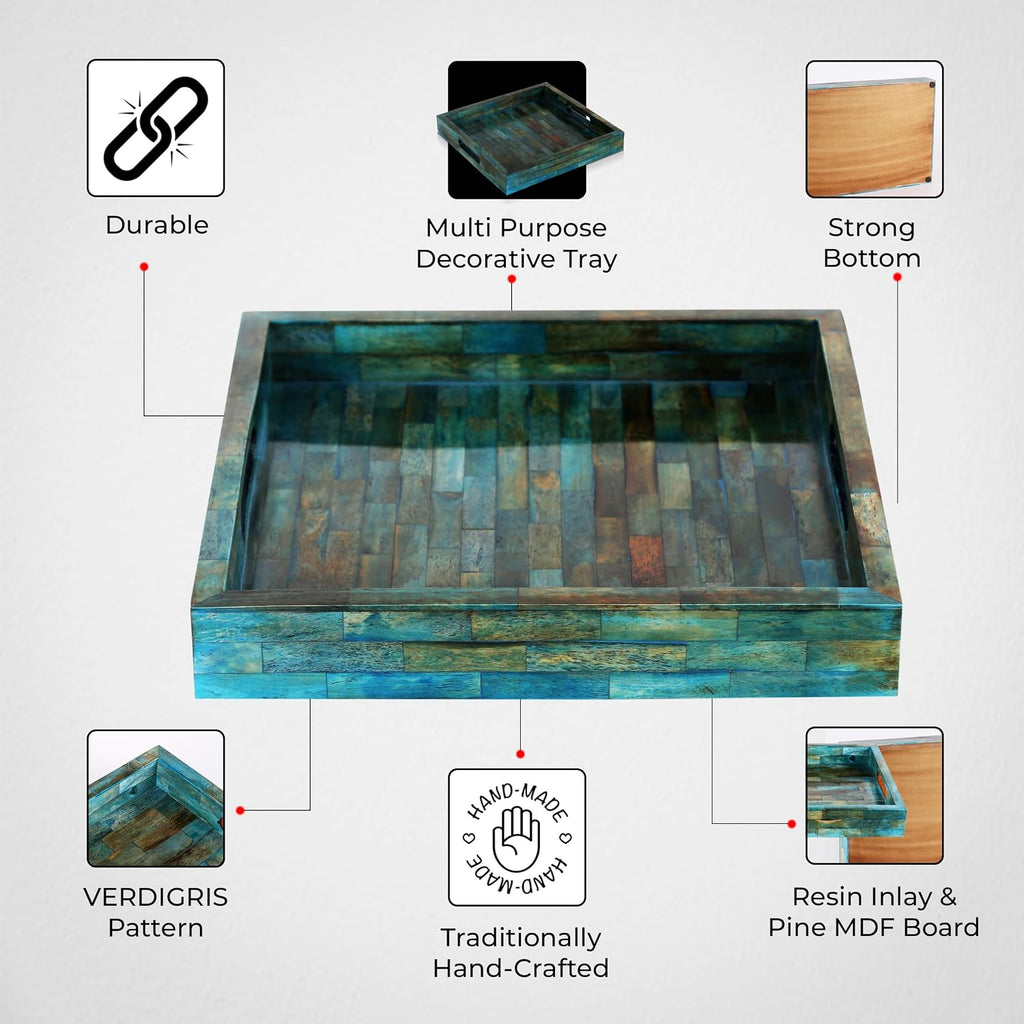 Verdigris Covered Inspired Decorative Tray - 12x12 Ottoman Tray, Multipurpose Bone Inlay Serving Tray Dining