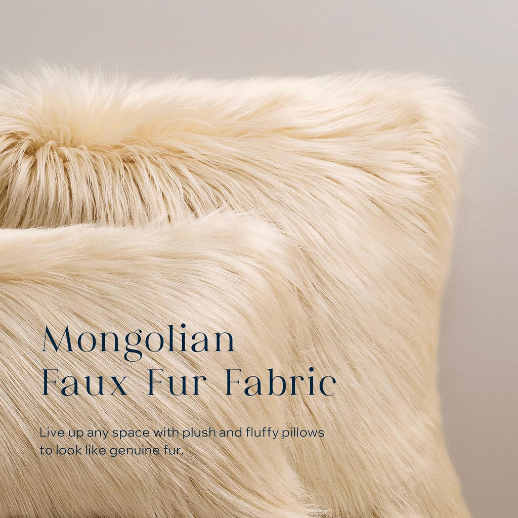 Faux Fur Pillow Cover Decorative Fluffy Throw Pillow Mongolian Luxury Fuzzy Pillow Case Cushion Cover, Light Beige 18