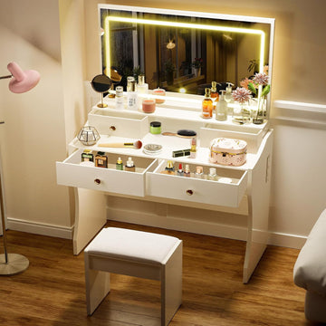 Makeup Vanity Desk with Mirror and Lights, Vanity Table and Chair Set with 5 Drawers & Charging Station, Bedroom