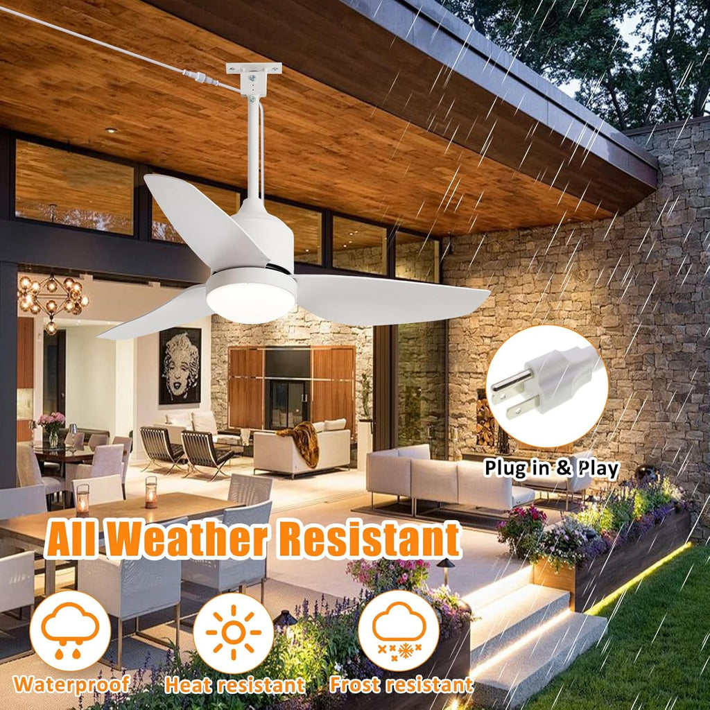 42 Inch White Waterproof Gazebo Fans with Lights Outdoor Hanging - Plug in Remote App Control for Patio Indoor Farmhouse Porch - 6 Speed Reversible DC Motor