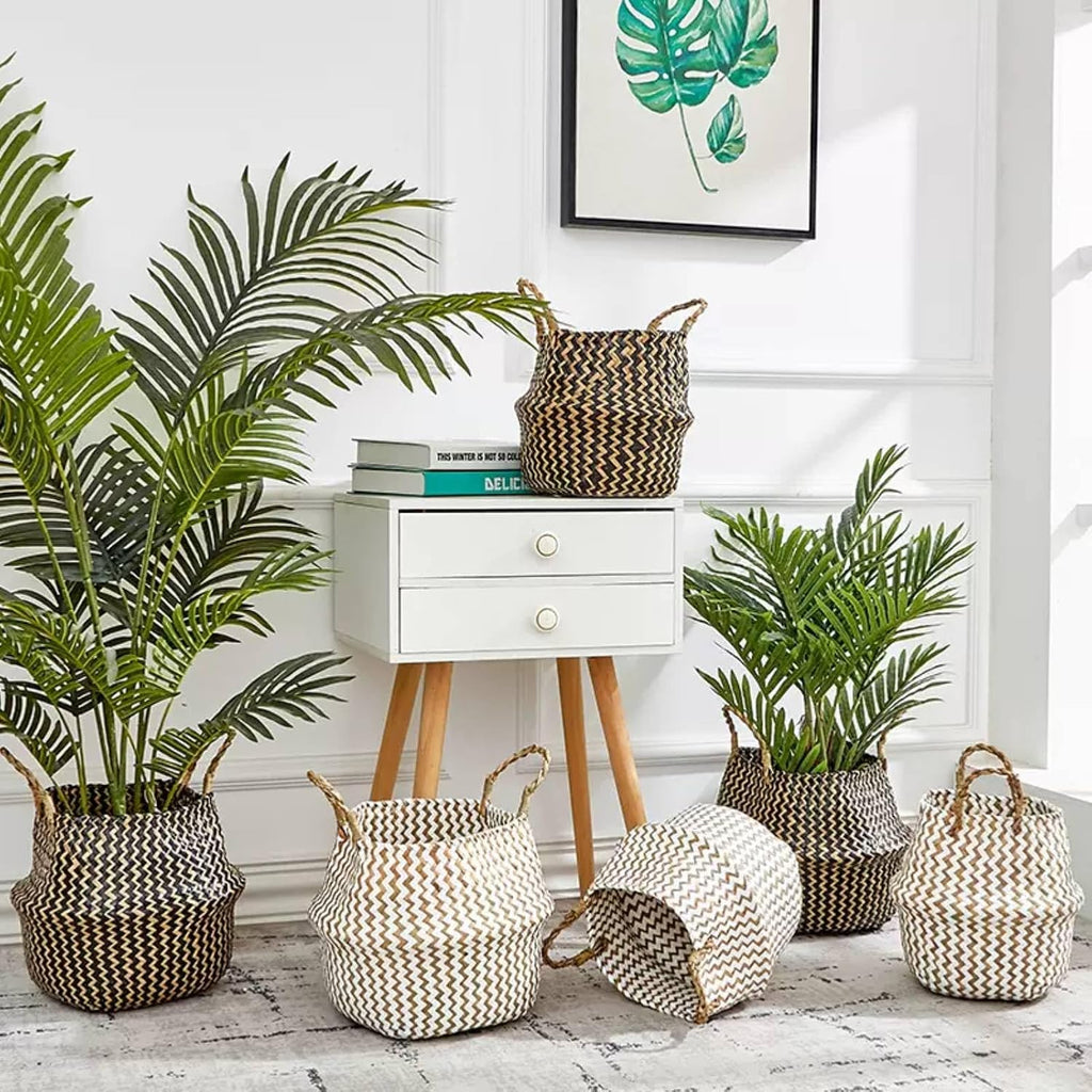 Seagrass Storage Basket, Woven Seagrass Basket, Woven Basket with Handle itory Decor Decor (Black Wavy Pattern)