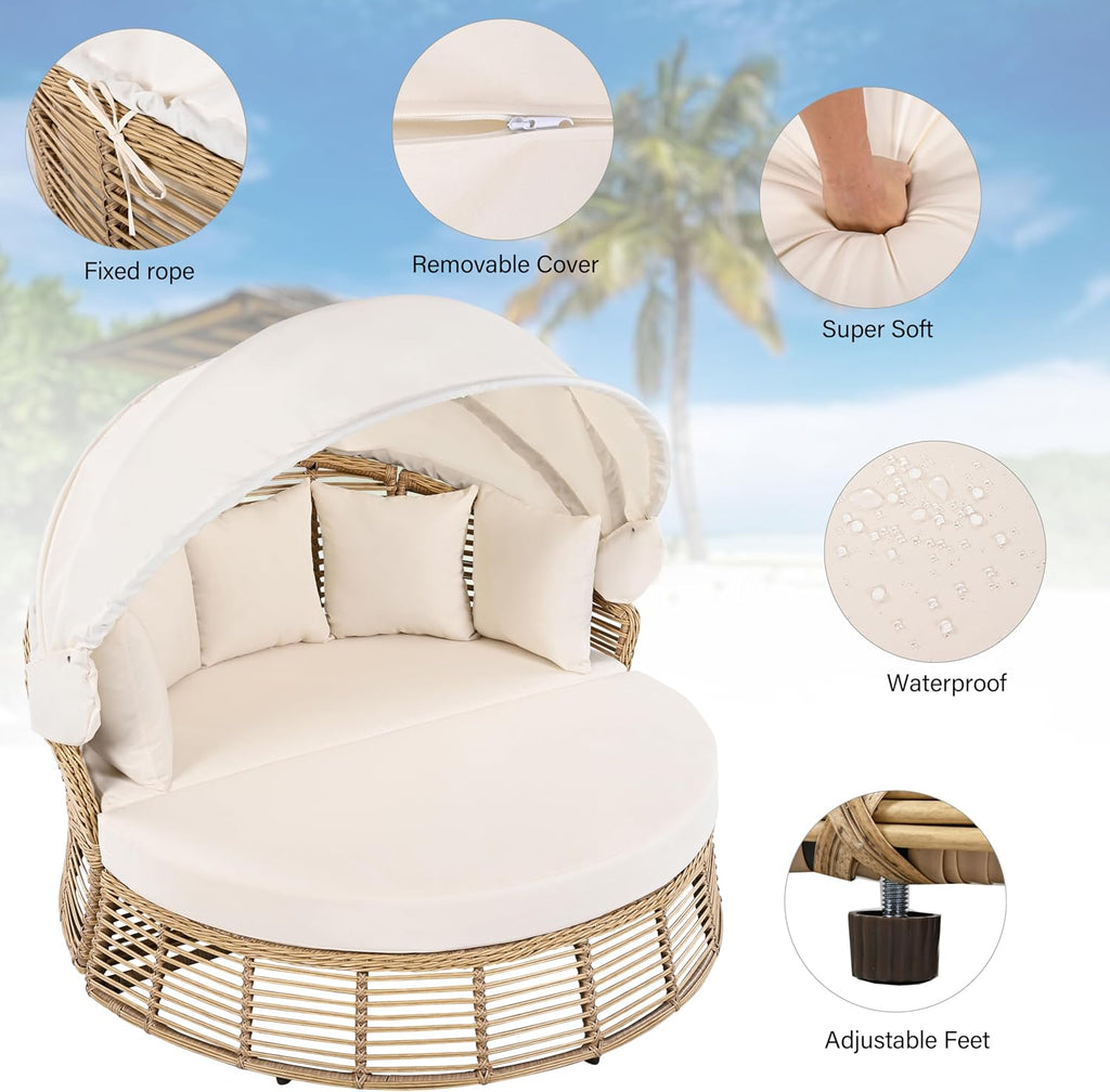 Outdoor Patio Round Daybed, Sun Bed with Adjustable Backrests and Foldable Cup Trays, Reclining Outdoor Lounger