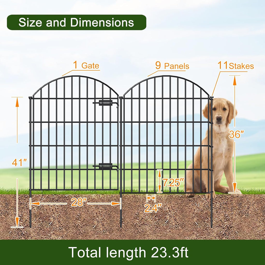 Metal Garden Fence with Gate 36in (H) x 23.3ft (L), 1 Gate+ 9 Panels Dog Fence Border Fence Animal Barrier, No Dig