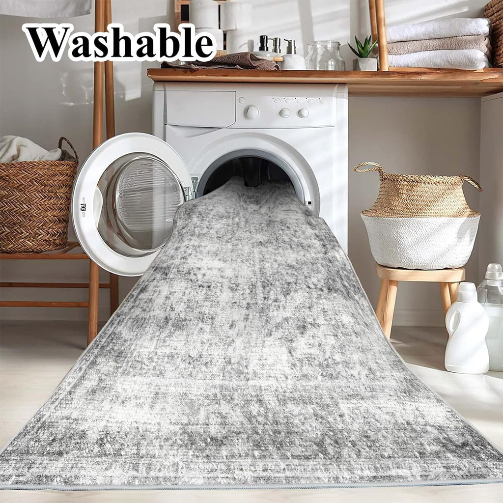 Area Rug 4x6 Washable Rug Gray Vintage Traditional Floor Cover Foldable Thin Retro Accent Indoor Distressed Non Slip