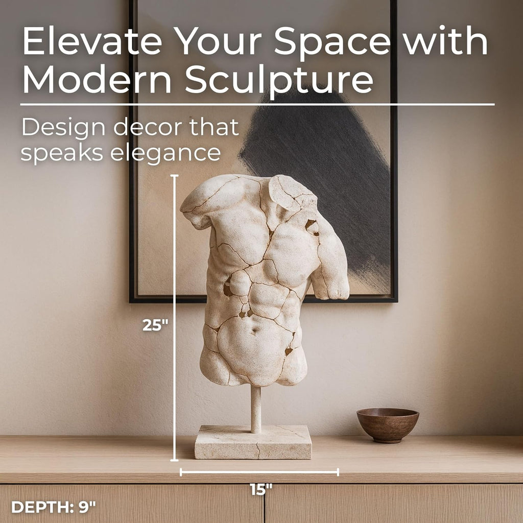 Resin Male Torso Sculpture - Contemporary Figurine, Accent for Bookshelf Styling, Coffee Tables, Shelves or Entryways