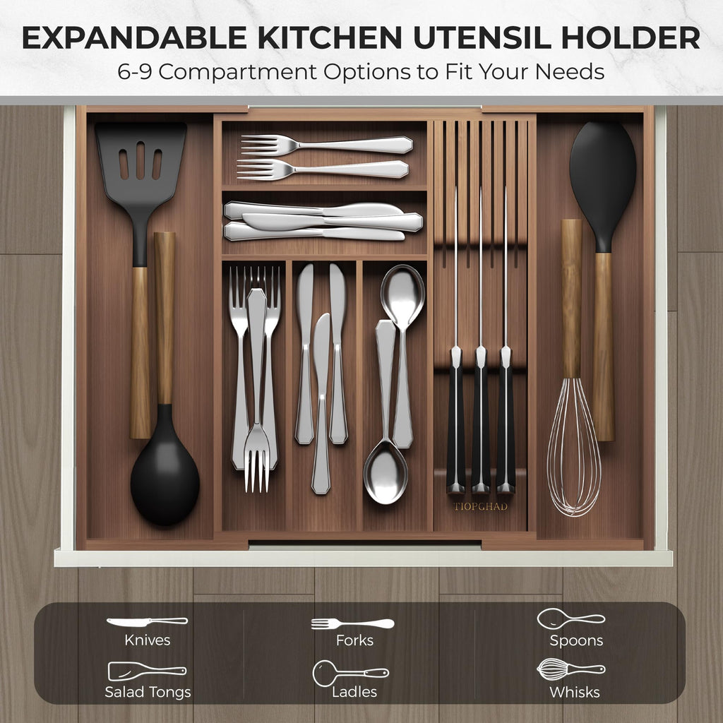 Expandable Bamboo Silverware Organizer with Knife Block, Brown