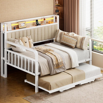 Daybed with Trundle and LED Light, Heavy Duty Metal Full Bed Frame with Upholstered Storage Headboard & Charging