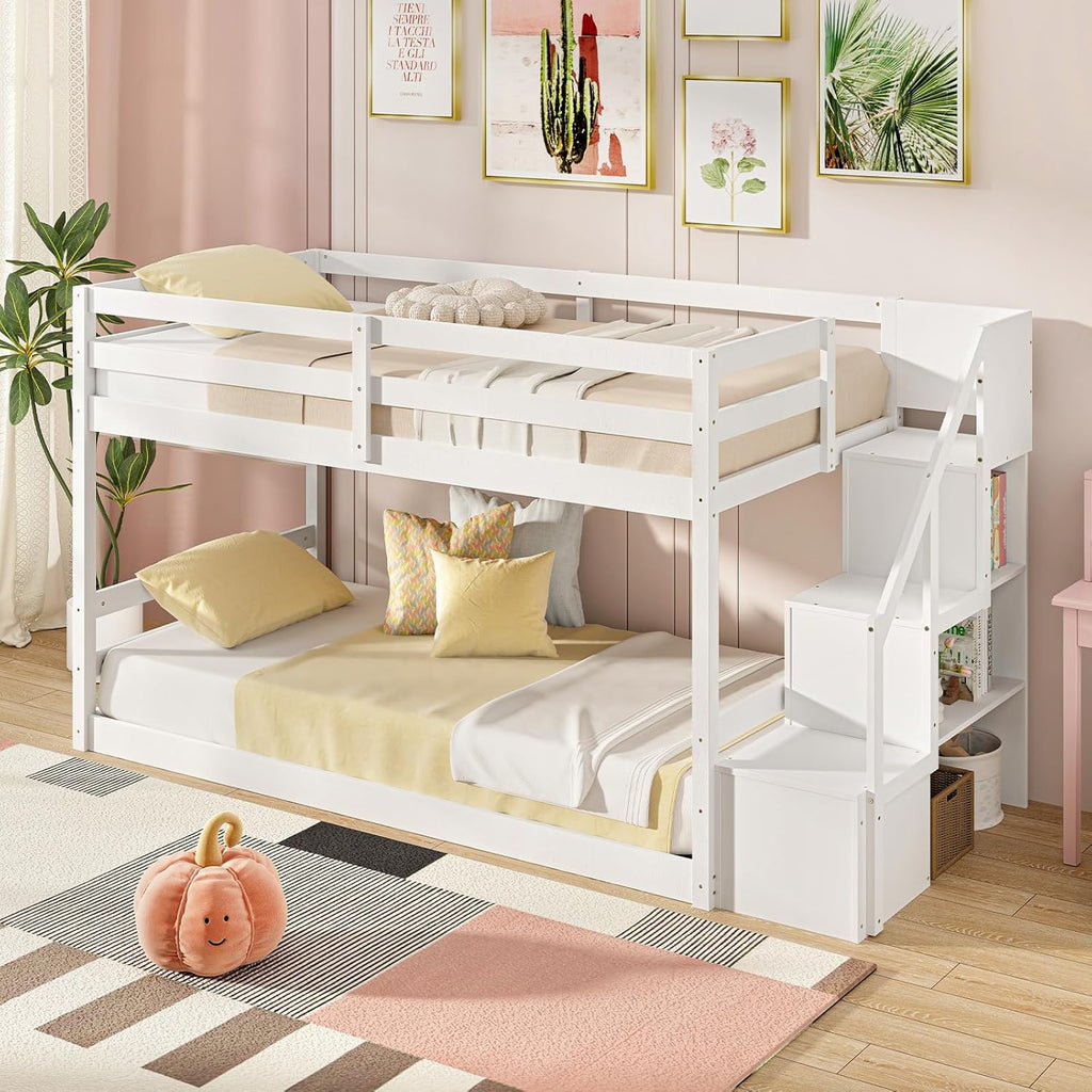 Twin Over Twin Bunk Bed with Stairs, Solid Wood Floor Bunk Bed with Storage Staircase & Full-Length Guardrails