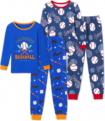 Boys Cotton Pajamas 4Piece Snug Fit Stretch Long Sleeve PJs