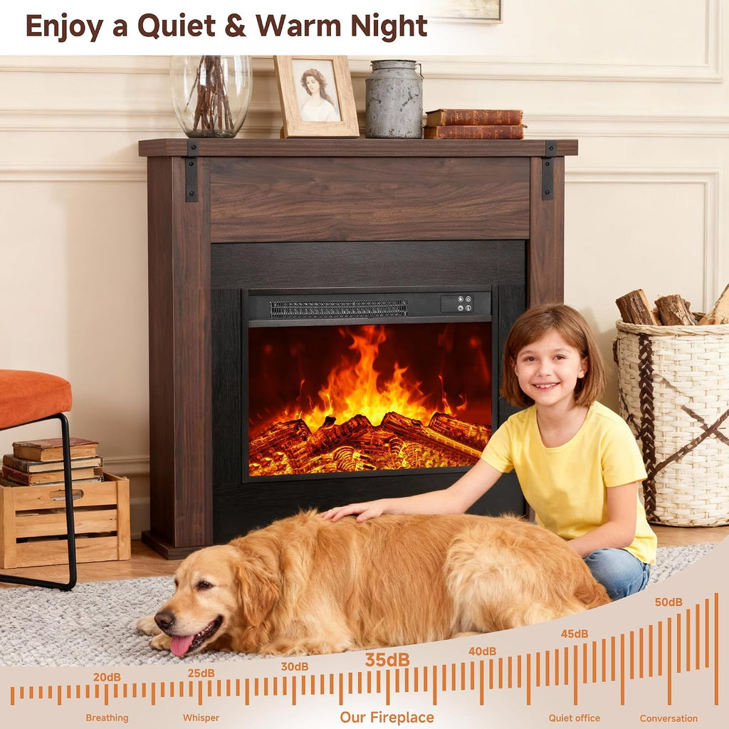 36" Modern Freestanding Electric Fireplace with Mantel, Minimalist TV Stand Electric for Living Room, Bed Room, Walnut
