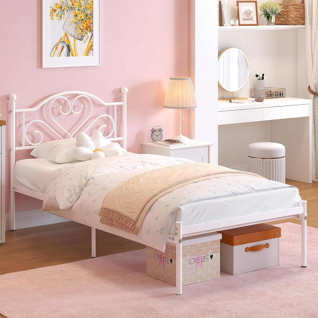 Twin Bed Frames with Headboard, Heavy Duty Metal Platform for Kids Girls | Under Bed Storage Space, Easy Assembly, No