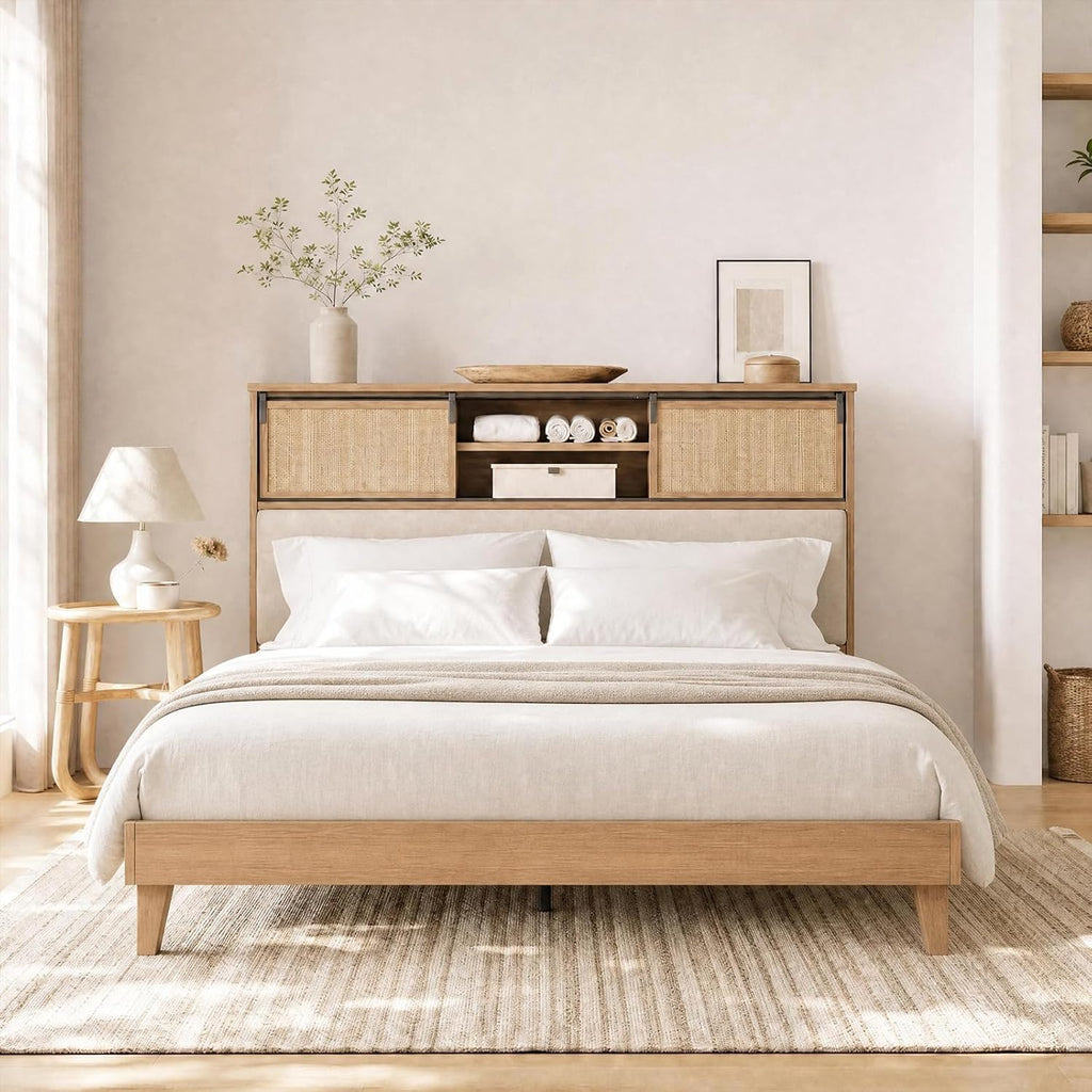 Queen Solid Wood Bed Frame with Storage Headboard, Rattan Upholstered Bookcase Headboard with Sliding Doors &