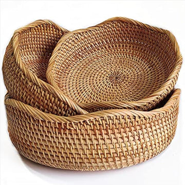 Rattan Bread Basket, Round Fruit Baskets, Wicker Storage Bowls, Natural Woven Serving Basket Bowls, Decorative