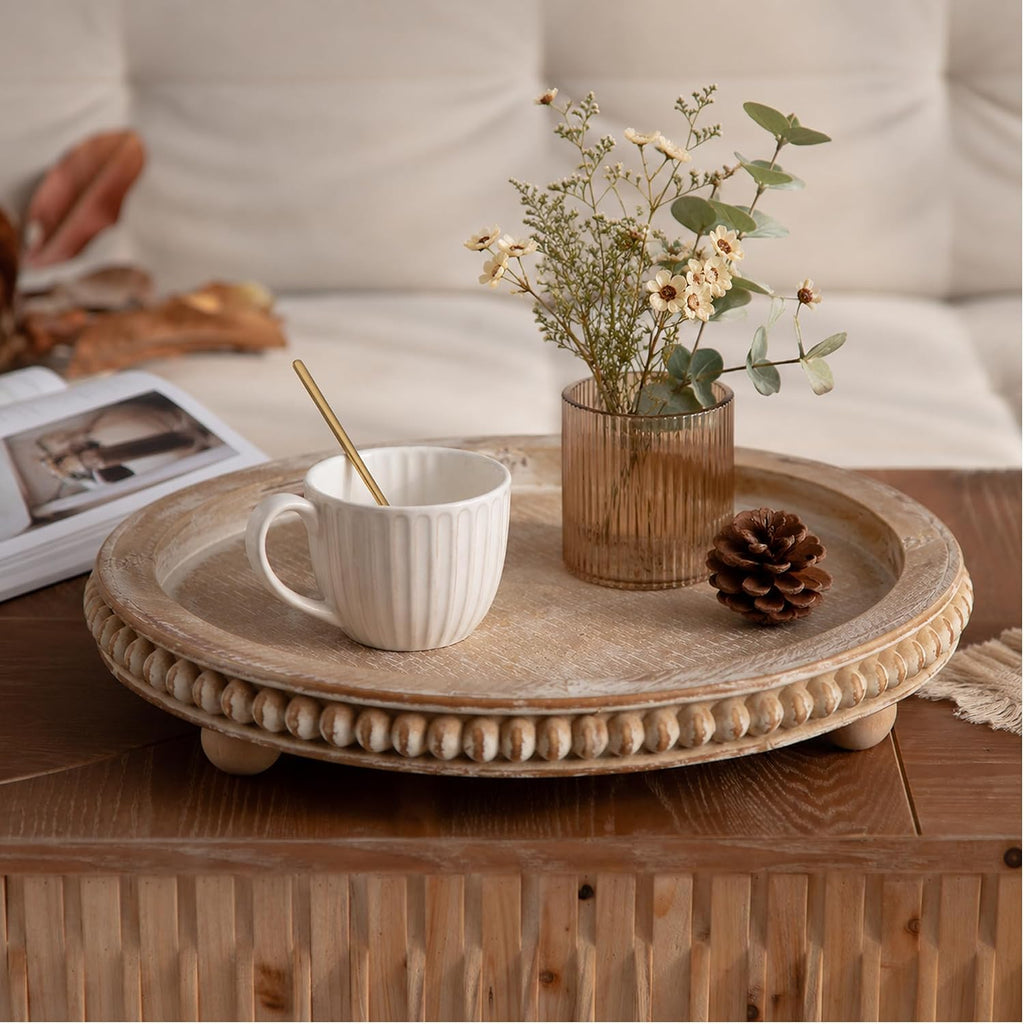 Round Decorative Tray for Coffee Table, Natural Wood Beaded Tray with Detachable Legs, 11.87" Farmhouse Rustic