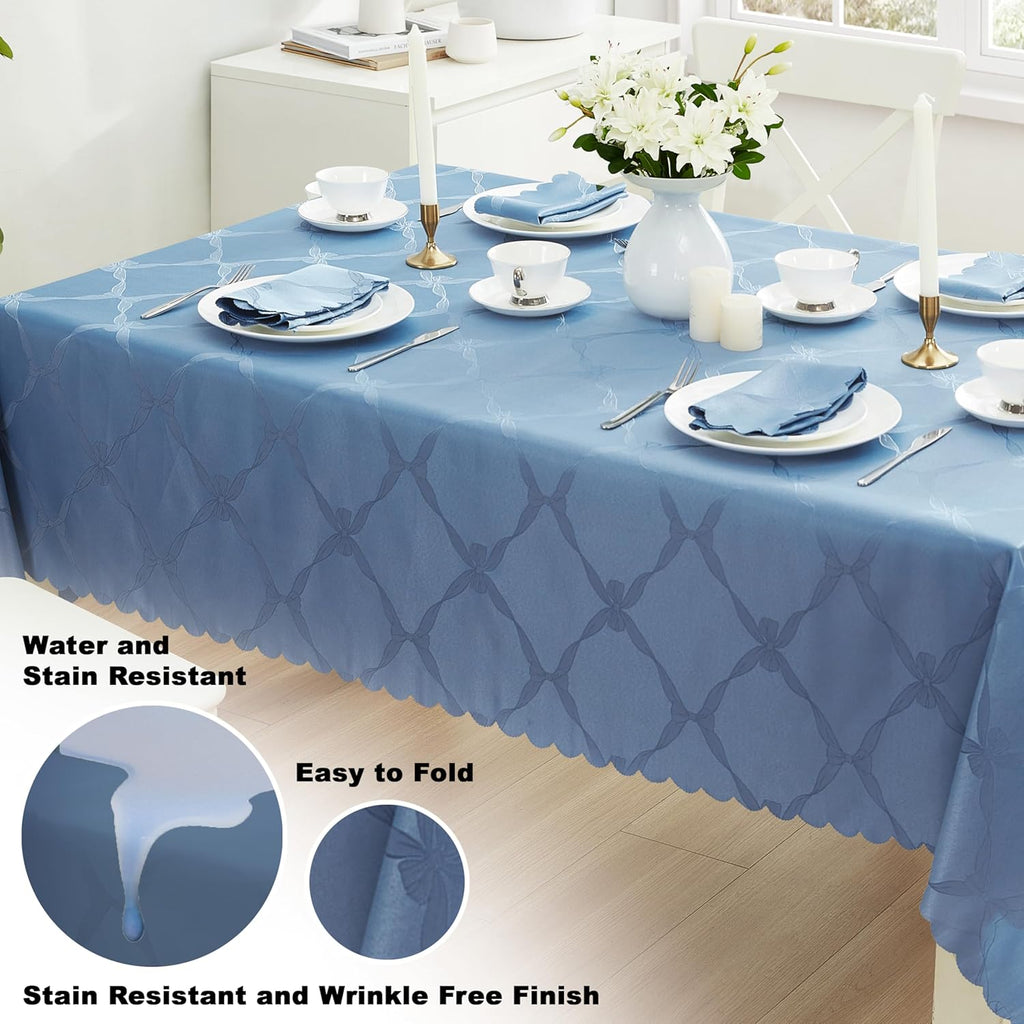 Ribbons and Bows Damask Fabric Tablecloth, Blue, 60 x 144 Inch Rectangle, Wrinkle & Stain Resistant 