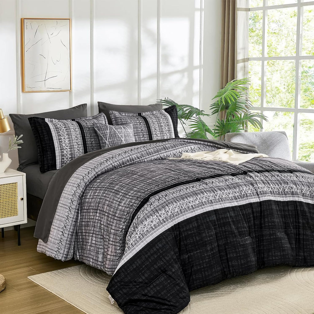 Dintszyayue Black Comforter Set Queen, 8 Pieces Boho Striped Bed in a Bag Soft Microfiber Bedding Set for All Season