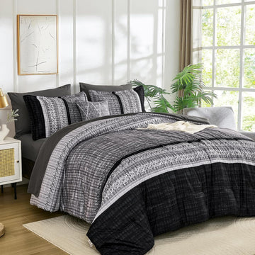 Dintszyayue Black Comforter Set Queen, 8 Pieces Boho Striped Bed in a Bag Soft Microfiber Bedding Set for All Season