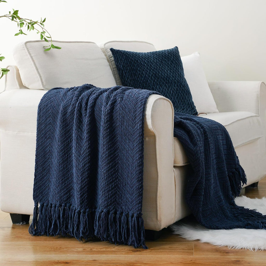 Navy Blue Throw Blanket, Knitted Blue Blanket Throw 50'' x 60'', Super Soft Warm Navy Throws for Chair Sofa Home Decor