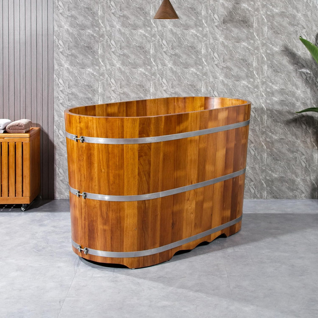 54-Inch Japanese Bathtub & Deep Soaking Tub, Freestanding Wooden Soaking Bathtub Handcrafted from Solid Rubberwood