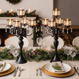 Black Candelabra Centerpieces for Tables - 5 Arm Crystal Pendant Candle Holders, Elegant Metal Centerpieces