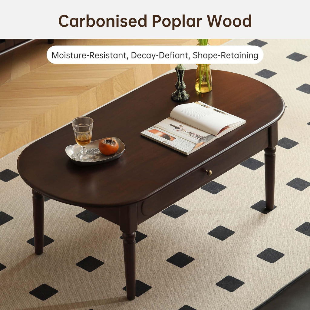 Solid Wood Coffee Table with Drawer, Retro Coffee Table with Vintage Detailings, Large Rectangular Living Room