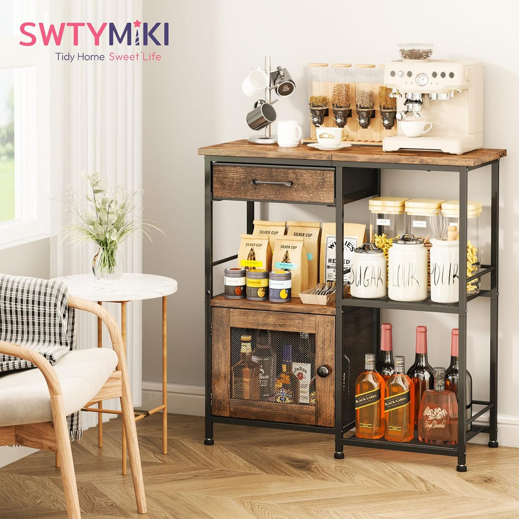 Coffee Bar Cabinet for Home - Farmhouse Coffee Stand Station Multi-Purpose Buffet Sideboard Cabinet with Drawers