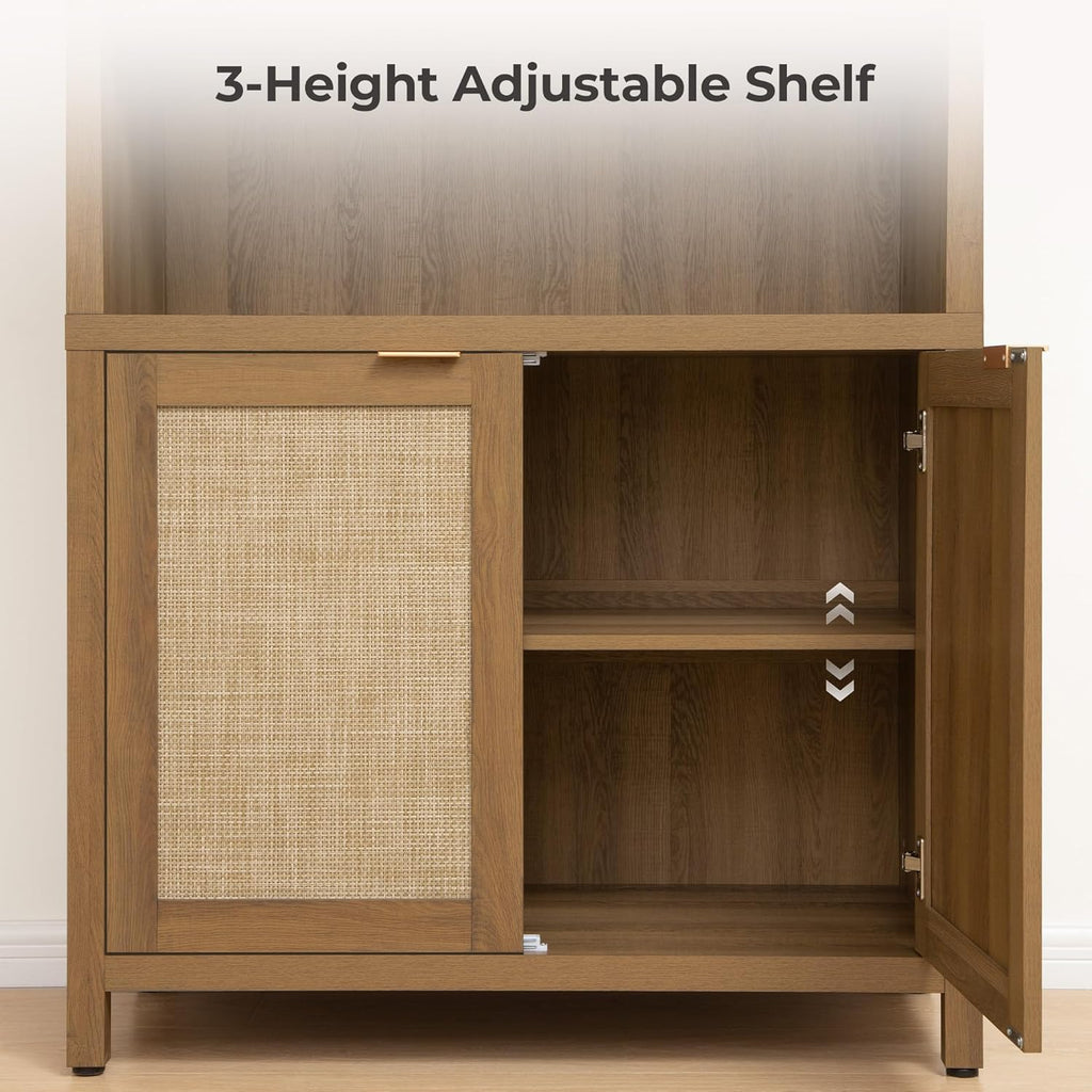 Book Shelf Arched Cabinet Bookshelf Arch 84.2" Tall Bookcase 5 Tier Large Bookshelves with Doors Storage Rattan Boho