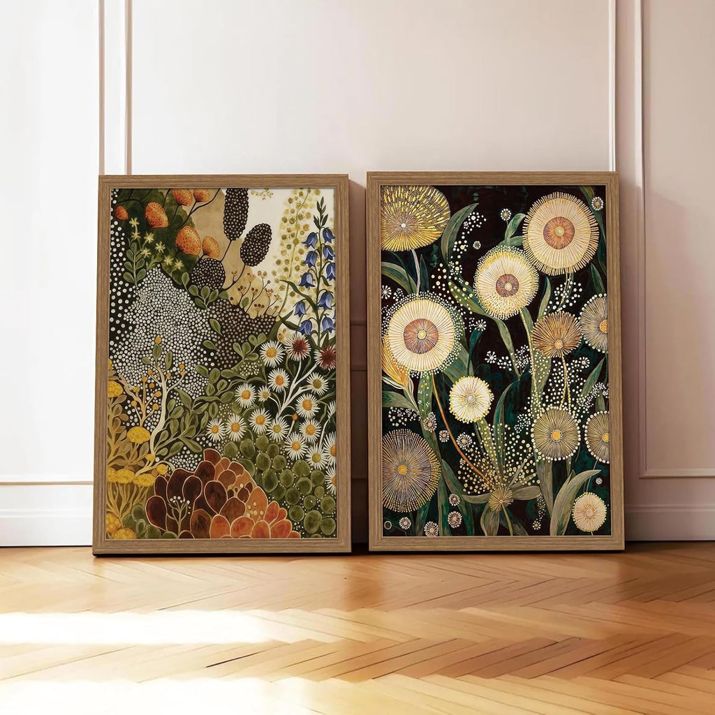 Dandelion Wall Art,(2 Pieces) Boho Botanical Floral Canvas Prints, Framed Vintage Plant Art Decor, Ready to Hang Wall