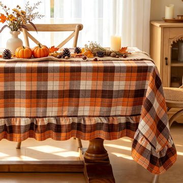 Thanksgiving Ruffled Tablecloth, Orange Brown Tartan Plaid Vintage Farmhouse Square Table Cover, Washable Fall