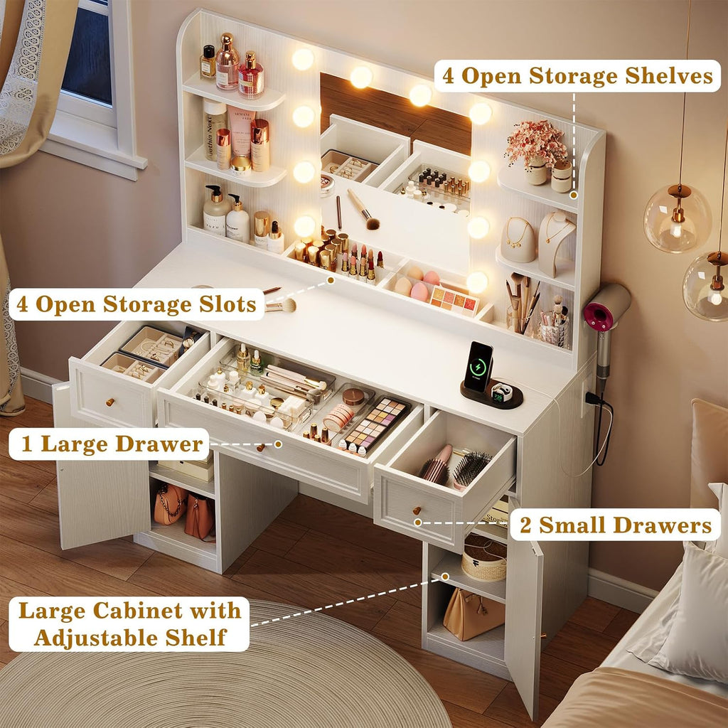 Large Vanity Desk with Mirror and Lights, Makeup Vanity with Power Outlets, 3 Drawers and 2 Large Cabinets, 3