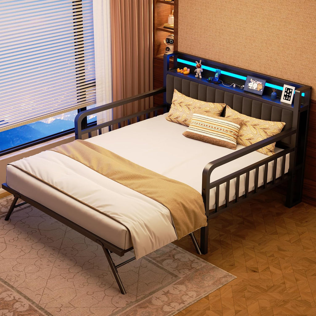 Daybed with Trundle and LED Light, Heavy Duty Metal Full Bed Frame with Upholstered Storage Headboard & Charging