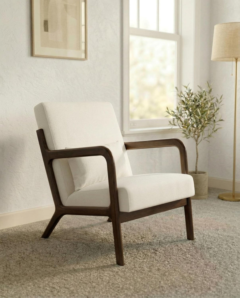 Mid-Century Modern Accent Chair, Chenille Upholstered Armchair with Wood Frame and Lumbar Pillow, Cozy Reading Chair