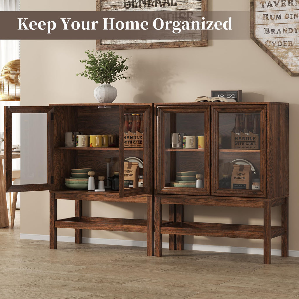 Sideboard Buffet Cabinet with Storage, Small Kitchen Coffee Wine Bar Cabinet with Glass Press-to-Open Doors, Wood Mid