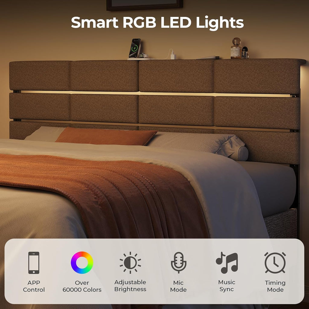 Full/Queen Upholstered Headboard, Adjustable Head boards with LED Light & Charging Station, Bed Headboard Only