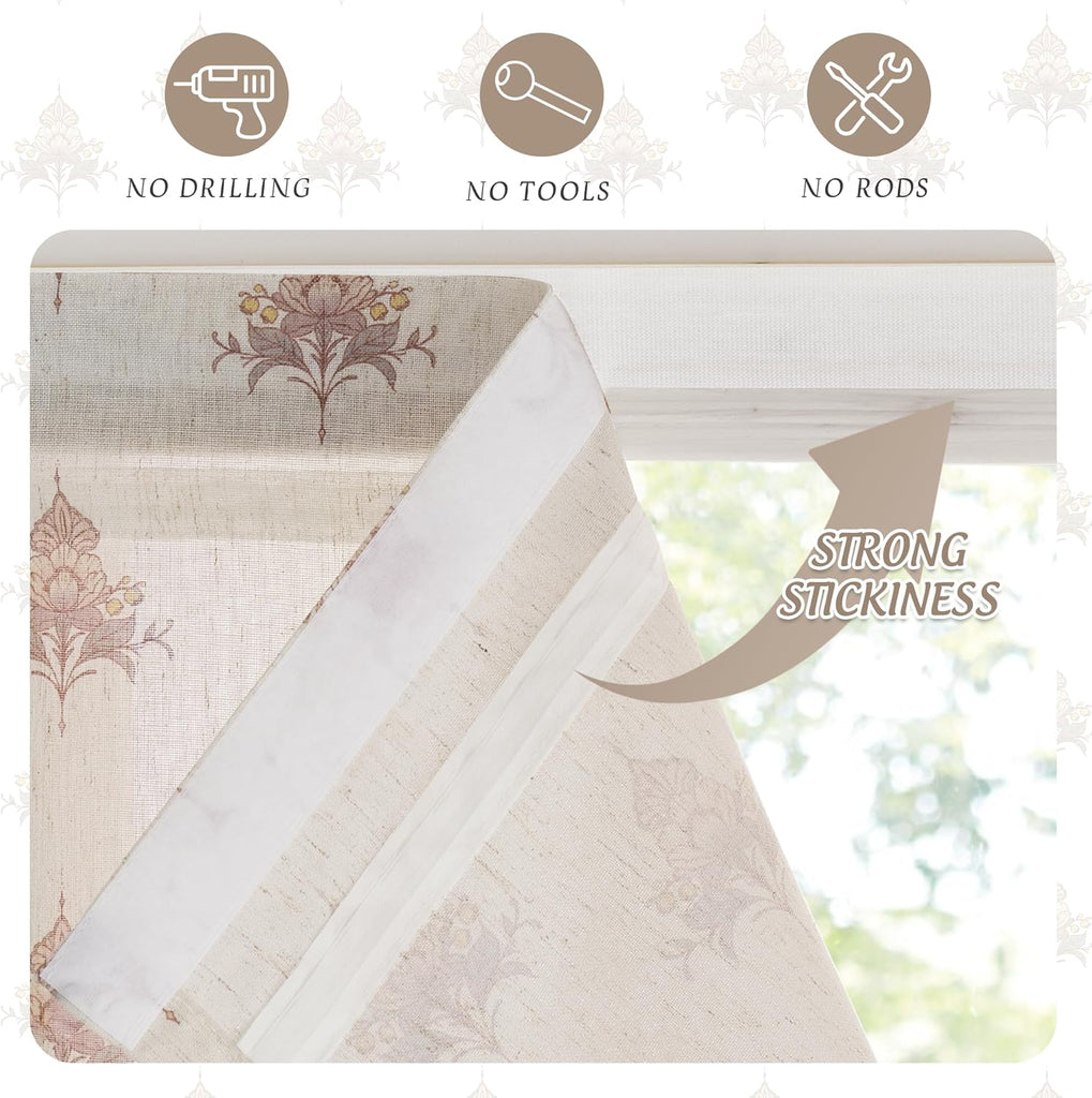 Cordless Floral Roman Shades for Windows, Magnetic Linen Textured Light Filtering Blind Vintage Elegant Print Window