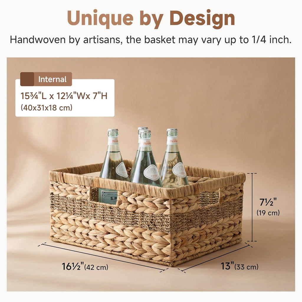 Jumbo Rectangular Wicker Basket, Water Hyacinth and Seagrass Storage Basket with Built-in Handles, 1 Pack | Woven